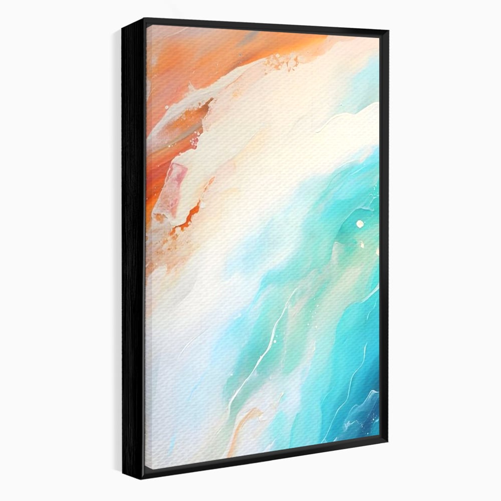 Tablou canvas cu pictura abstracta cu valuri turcoaz, in rama de aluminiu negru